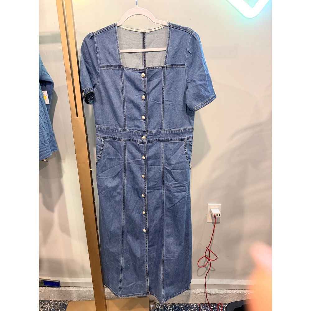 Womens Denim Midi Dress Square Neck Faux Pearl Button Down Short Sleeve Blue